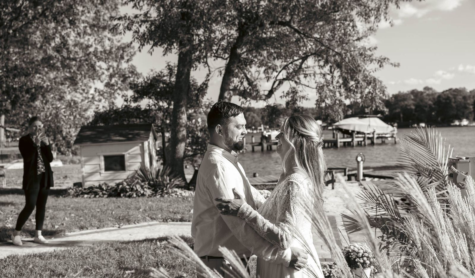 The couple seeing each other for the first time that day — backyard wedding in Annapolis, Maryland