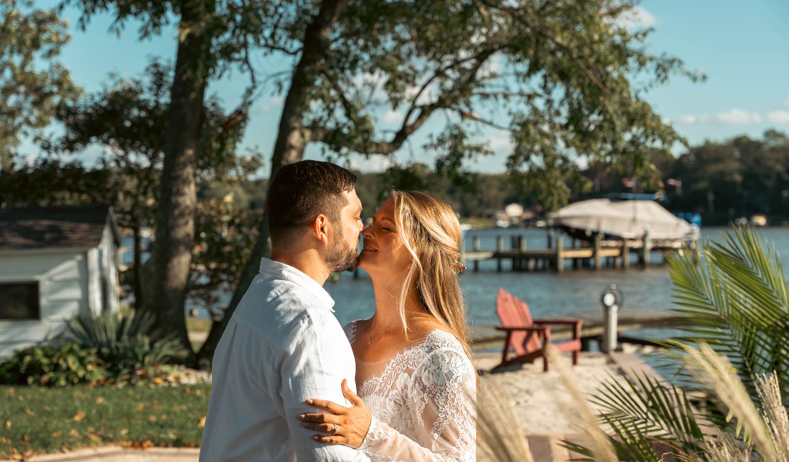 Bride and groom during their first look by the water — backyard wedding in Annapolis, Maryland